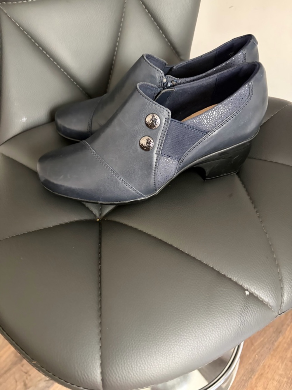 Clarks Navy Heeled Slip-On Booties with Decorative Buttons